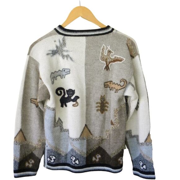 Peruvian Baby Alpaca Primitive Animal Intarsia Sweater Neutral Beige Tan Small - Picture 6 of 10